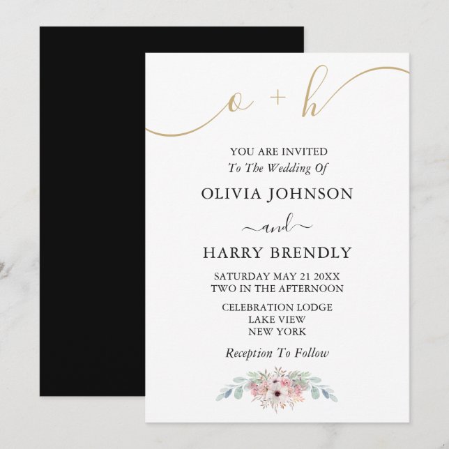 Black White Gold Rustic Eucalyptus Wedding Invite (Front/Back)