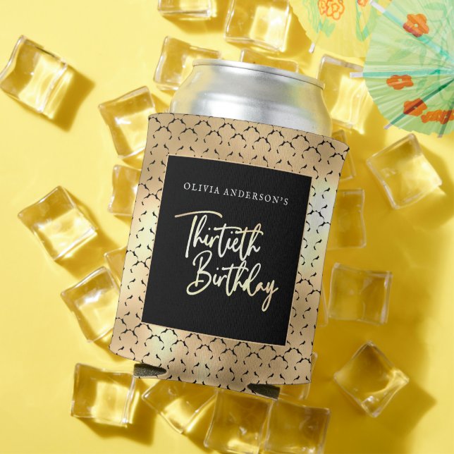 Black White & Gold Script 30th Birthday Party Can Cooler (In Situ Summer)