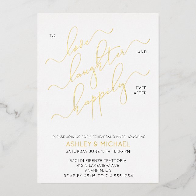 Black White Gold Script Rehearsal Dinner Foil Invitation (Front)