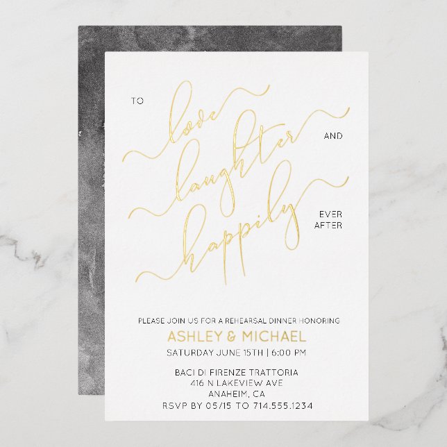 Black White Gold Script Rehearsal Dinner Foil Invitation (Front/Back)