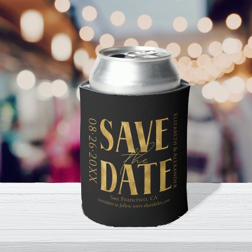 Black  White Gold Script Wedding Save The Date Can Cooler