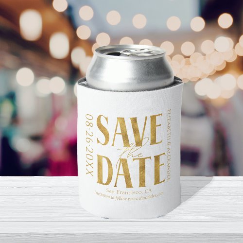 Black  White Gold Script Wedding Save The Date Can Cooler