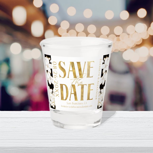 Black & White Gold Script Wedding Save the Date Shot Glass (Creator Uploaded)