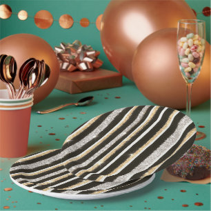 Black White Gold Silver Glitter Stripes New Year's Paper Plates
