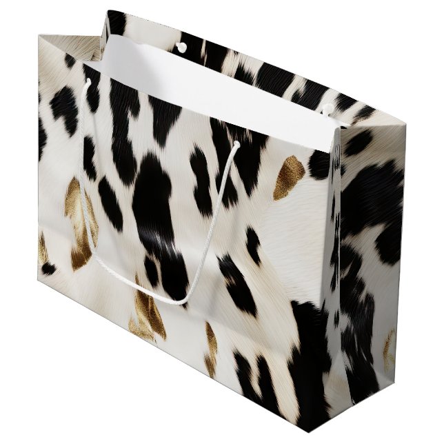Black White Gold Southwest Cowhide Birthday Large Gift Bag (Front Angled)