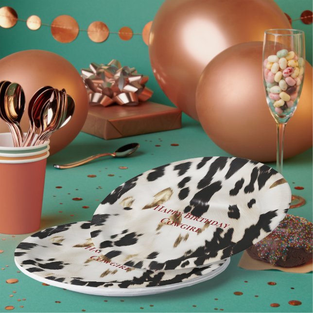 Black White Gold Southwest Cowhide Birthday Paper Plates (Multi)