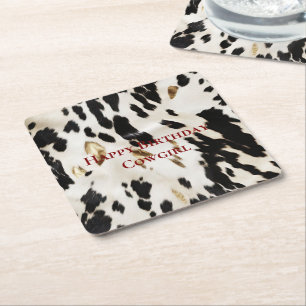 Black White Gold Southwest Cowhide Birthday Square Paper Coaster