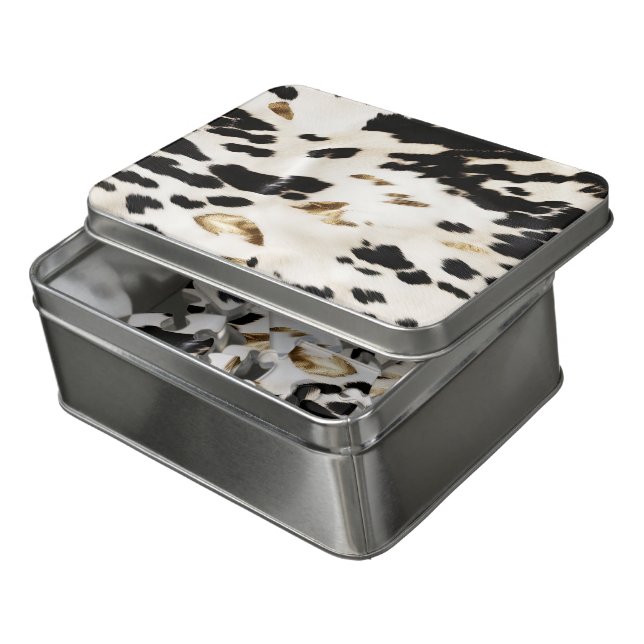 Black White Gold Southwest Cowhide  Jigsaw Puzzle (Lid Open)