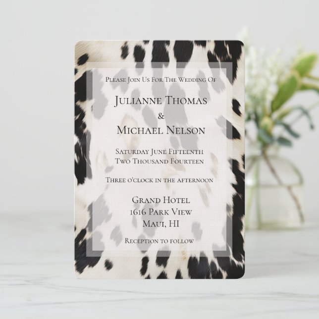 Black White Gold Southwest Cowhide Wedding Invitation (Standing Front)