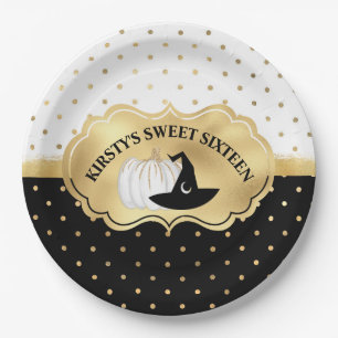 Black & White Gold Spots Halloween Sweet 16 Paper Plates