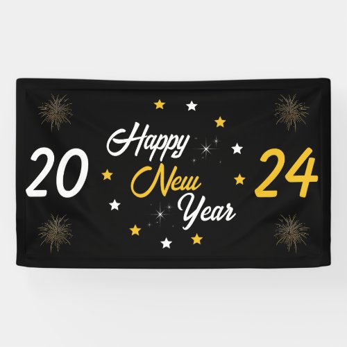 Black White  Gold Star Happy New Year 2024 Banner