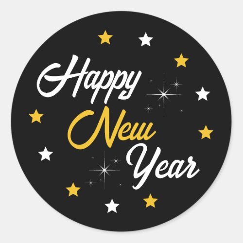 Black White  Gold Star Happy New Year 2024 Classic Round Sticker