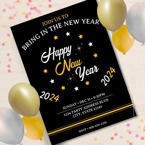 Black White  Gold Star Happy New Year 2024 Invitation