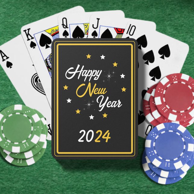 Black White & Gold Star Happy New Year 2024 Poker Cards (Black White & Gold Star Happy New Year 2024 Playing Cards)
