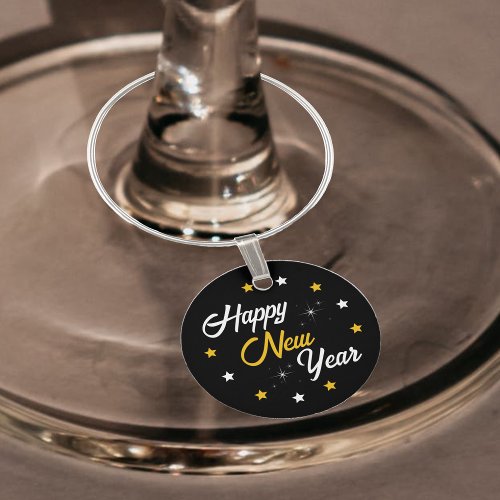 Black White  Gold Star Happy New Year 2024 Wine Charm