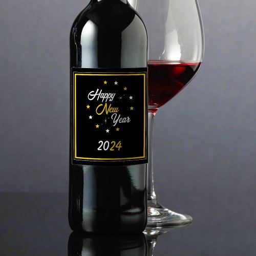 Black White  Gold Star Happy New Year 2024 Wine Label