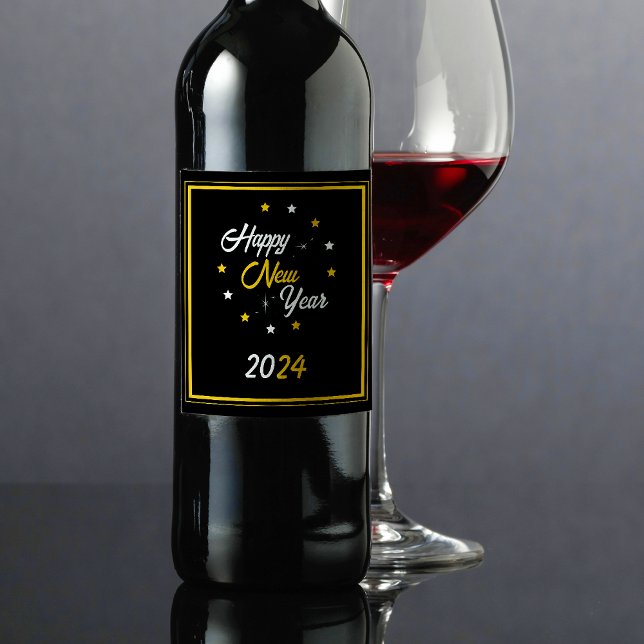 Black White & Gold Star Happy New Year 2024 Wine Label (Black White & Gold Star Happy New Year 2024 Wine Label)