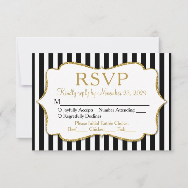 Black White Gold Stripe RSVP Wedding Response Meal (Front)