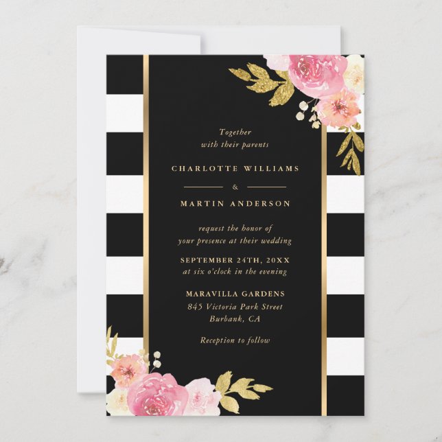 Black White Gold Striped Blush Pink Floral Wedding Invitation (Front)