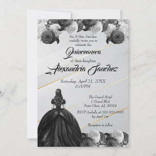 Black & White Gold Striped Floral Quinceanera Invitation