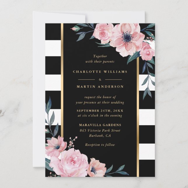 Black White Gold Striped Pink Floral Wedding Invitation (Front)