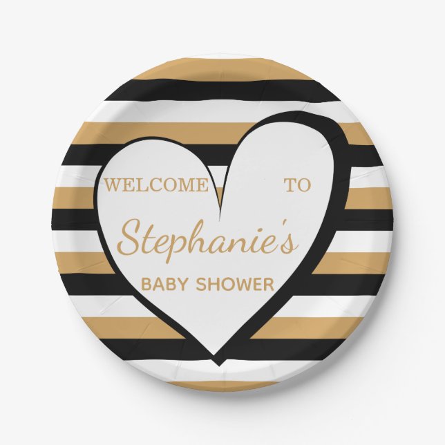 Black, White, Gold Stripes and Heart Baby Shower Paper Plates (Front)