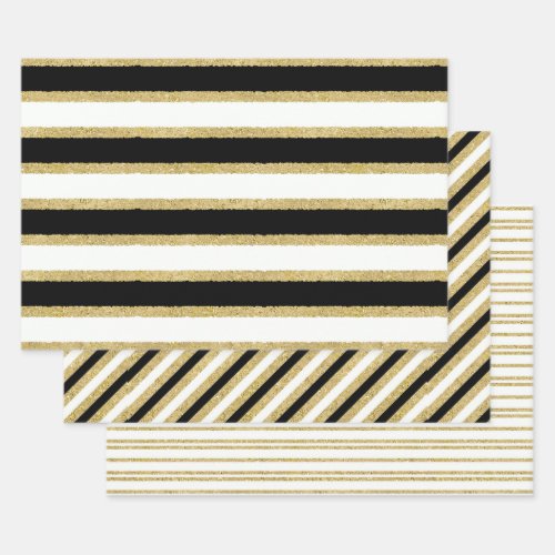 Black White Gold Stripes Assortment Wrapping Paper Sheets