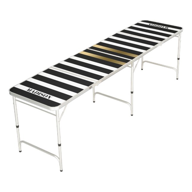 Black White & Gold Stripes  Beer Pong Table (Angled)