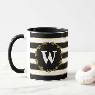 Black White Gold Stripes Botanical Wreath Monogram Mug