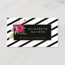 black white gold stripes Floral business card