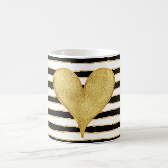 Black White Gold Stripes Heart Coffee Mug (Center)