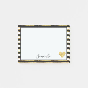 Black White Gold Stripes Heart Post-it Notes