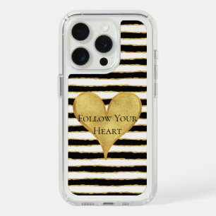 Black White Gold Stripes Heart iPhone 15 Pro Case