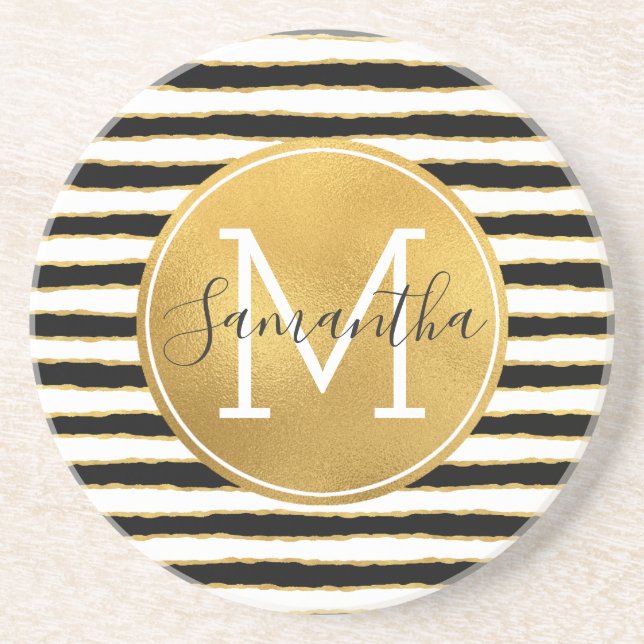 Black White Gold Stripes Monogram Sandstone Coaster (Front)