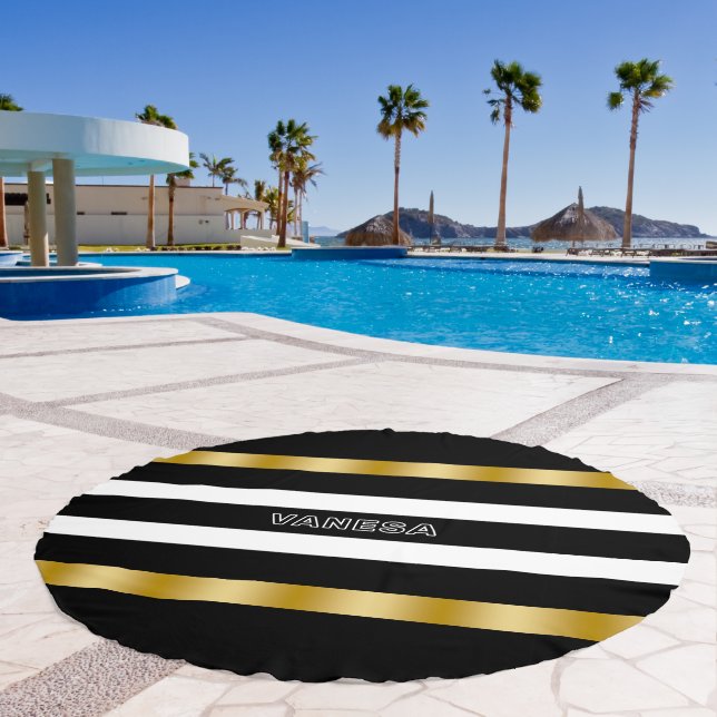 Black White Gold Stripes Pattern Beach Towel (Pool)