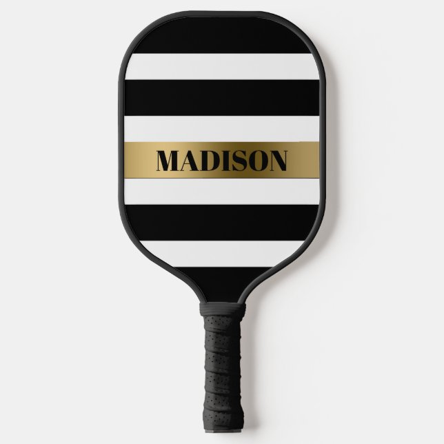 Black White & Gold Stripes  Pickleball Paddle (Front)