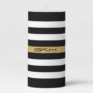 Black White & Gold Stripes Pillar Candle