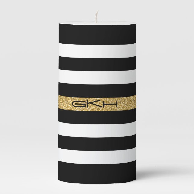 Black White & Gold Stripes Pillar Candle (Front)