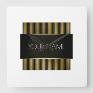 Black White Gold Stripes Urban Minimal Elegant Square Wall Clock