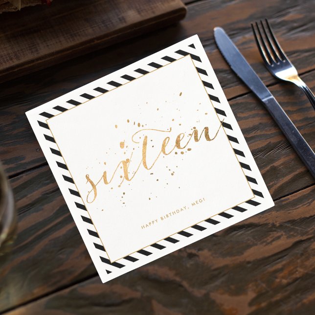 Black White Gold Sweet Sixteen 16th Birthday Napkins (Creator Uploaded)