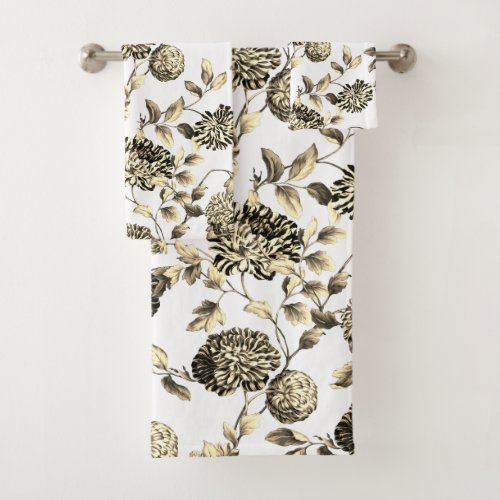 Black  White Gold Tone Vintage Botanical Floral Bath Towel Set