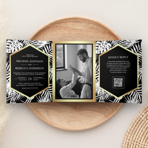 Black White Gold Tropical Palm QR Code Wedding Tri-Fold Invitation