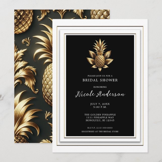 Black White Gold Tropical Pineapple Bridal Shower Invitation (Front/Back)