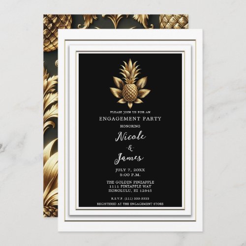 Black White  Gold Tropical Pineapple Engagement Invitation