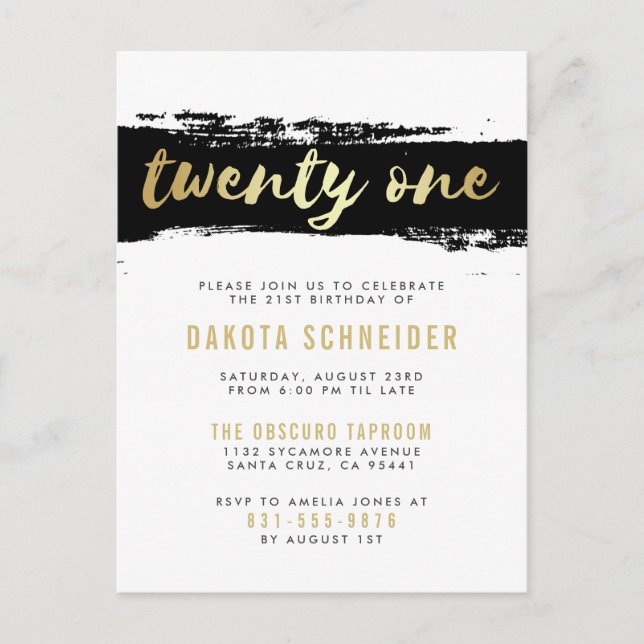 Black, White & Gold Twenty First Birthday Party Invitation Postcard (Front)
