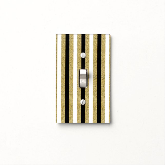 Black White Gold Vertical Stripes Glam Chic Light Switch Cover (In Situ)