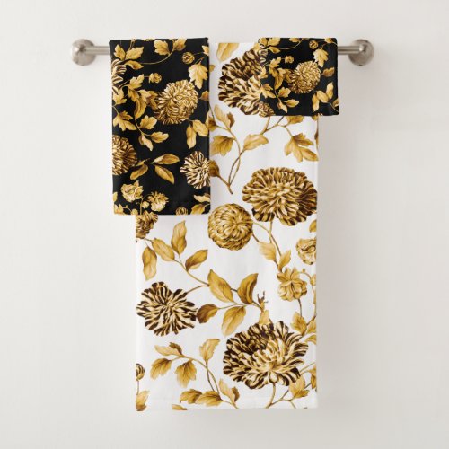 Black White  Gold Vintage Dahlias Floral Decor Bath Towel Set