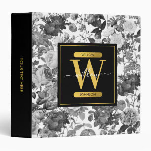 Black, White & Gold Vintage Floral Monogram 3 Ring Binder