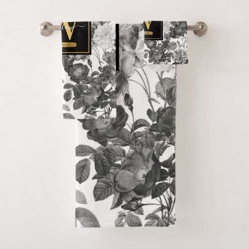 Black White  Gold Vintage Floral Monogram Bath Towel Set