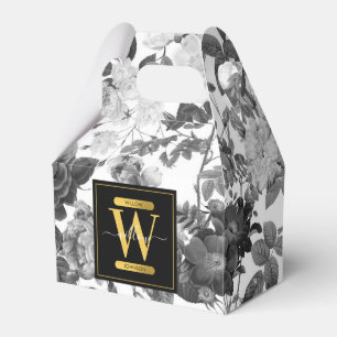 Black, White & Gold Vintage Floral Monogram Favor Boxes